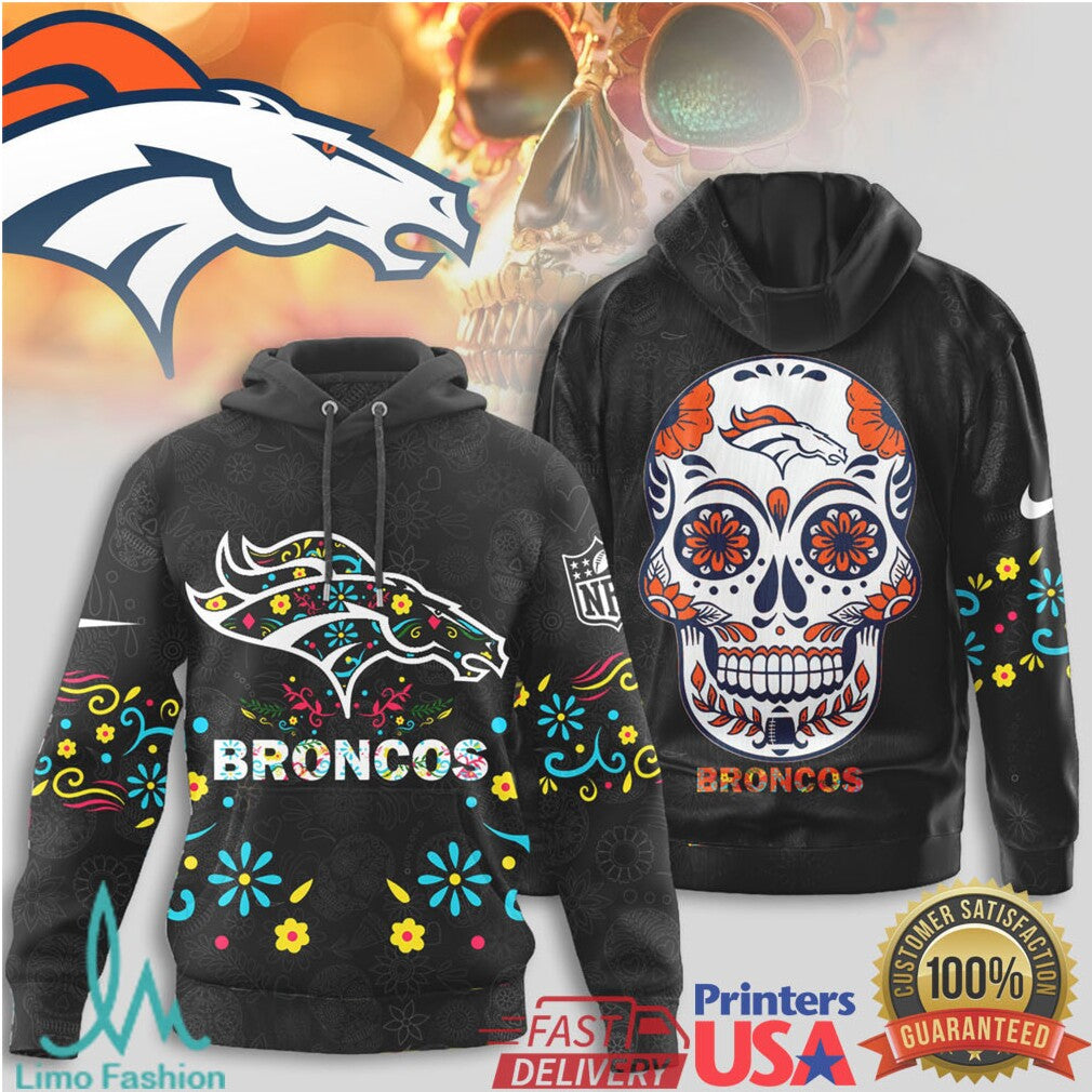 Denver Broncos Sugar Skull T Shirt NFL Dia de los Muertos Artistic Hooded - Limotees LLC
