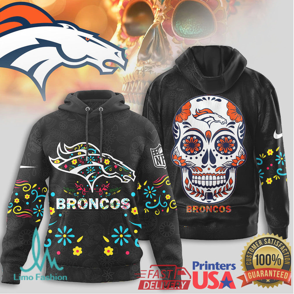 Denver Broncos Sugar Skull T Shirt NFL Dia de los Muertos Artistic Hooded - Limotees LLC