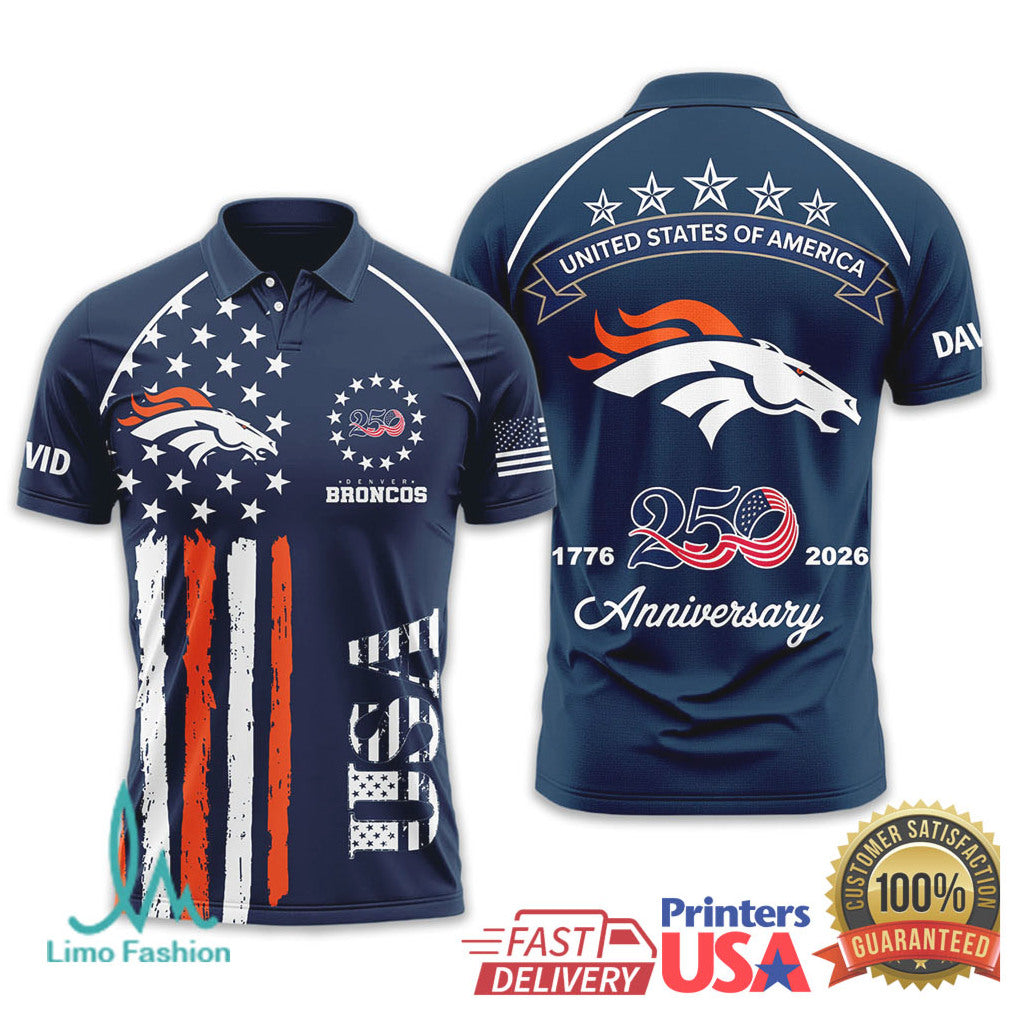 Denver Broncos USA 250th Anniversary Custom Name T Shirt - Limotees LLC