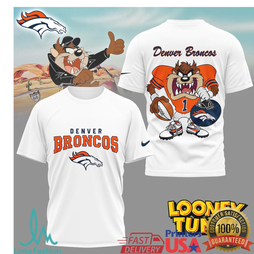 Denver Broncos x Looney Tunes Taz Vintage Graphic Football T Shirt - Limotees LLC