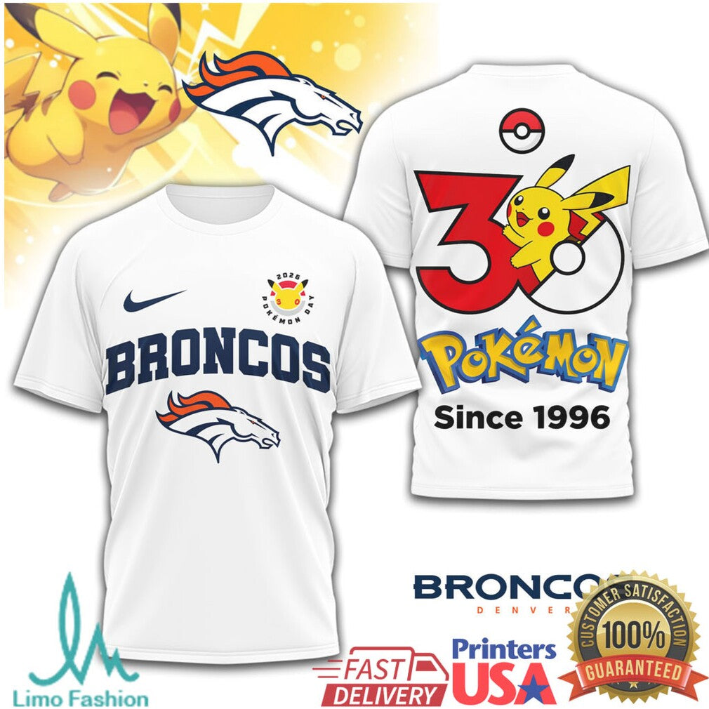 Denver Broncos x Pokémon Pikachu 30th Anniversary T Shirt Since 1996 - Limotees LLC