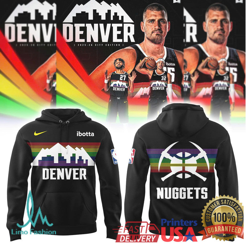 Denver Nuggets Skyline Retro Rainbow Logo Basketball T Shirt - Limotees LLC