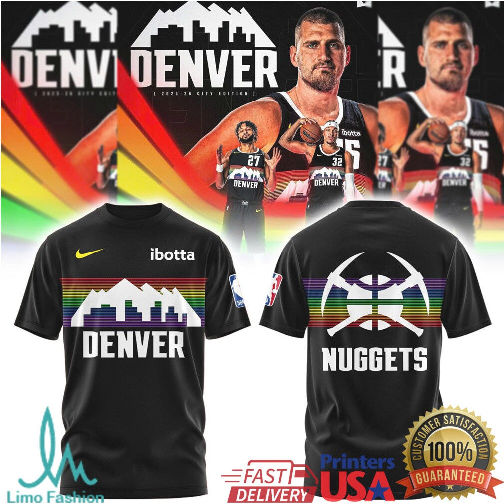 Denver Nuggets Skyline Retro Rainbow Logo Basketball T Shirt - Limotees LLC