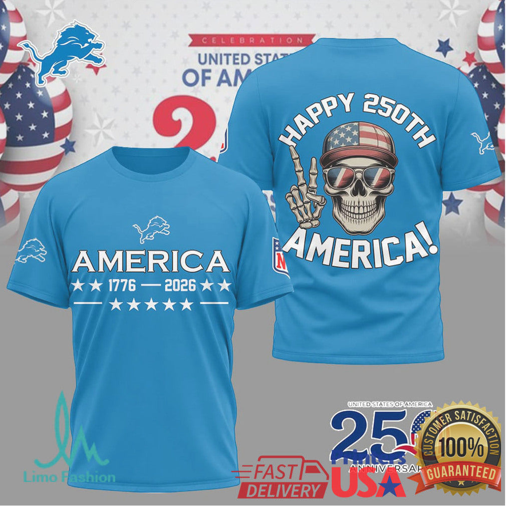 Detroit Lions America 250th Anniversary Patriotic Skull Blue T Shirt - Limotees LLC