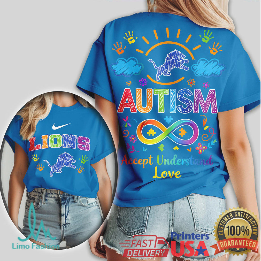 Detroit Lions Autism Awareness T Shirt Accept Understand Love Rainbow Infinity - Limotees LLC