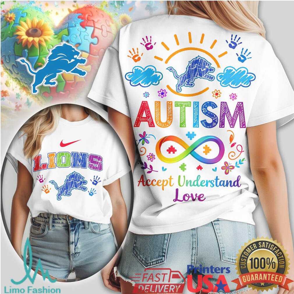 Detroit Lions Autism Awareness T Shirt Accept Understand Love Rainbow Infinity - Limotees LLC