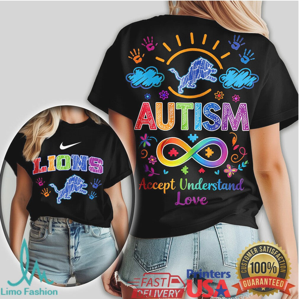 Detroit Lions Autism Awareness T Shirt Accept Understand Love Rainbow Infinity - Limotees LLC