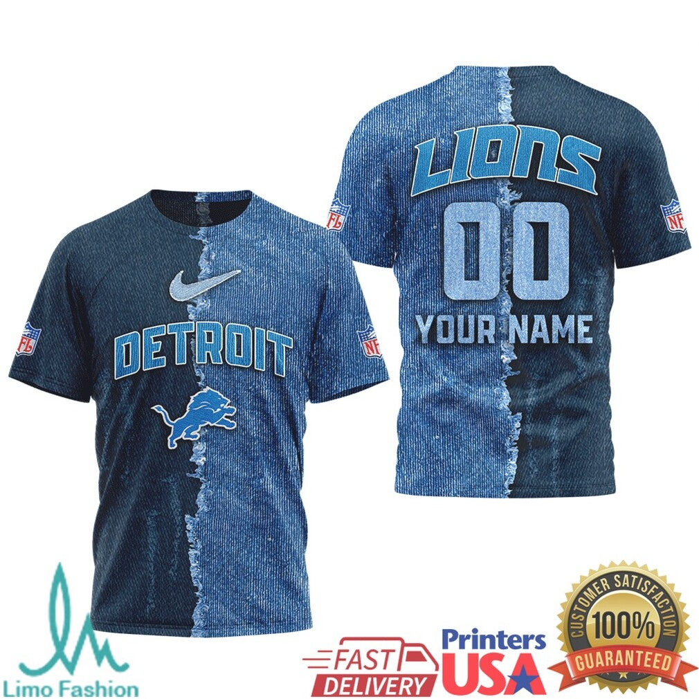 Detroit Lions Custom Name & Number Ripped Denim Style 3D NFL T Shirt - Limotees LLC