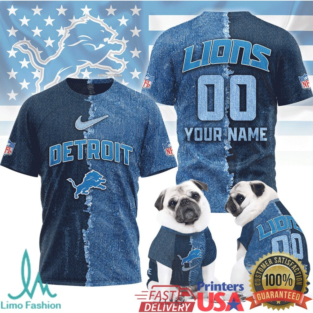 Detroit Lions Custom Name & Number Ripped Denim Style 3D NFL T Shirt - Limotees LLC