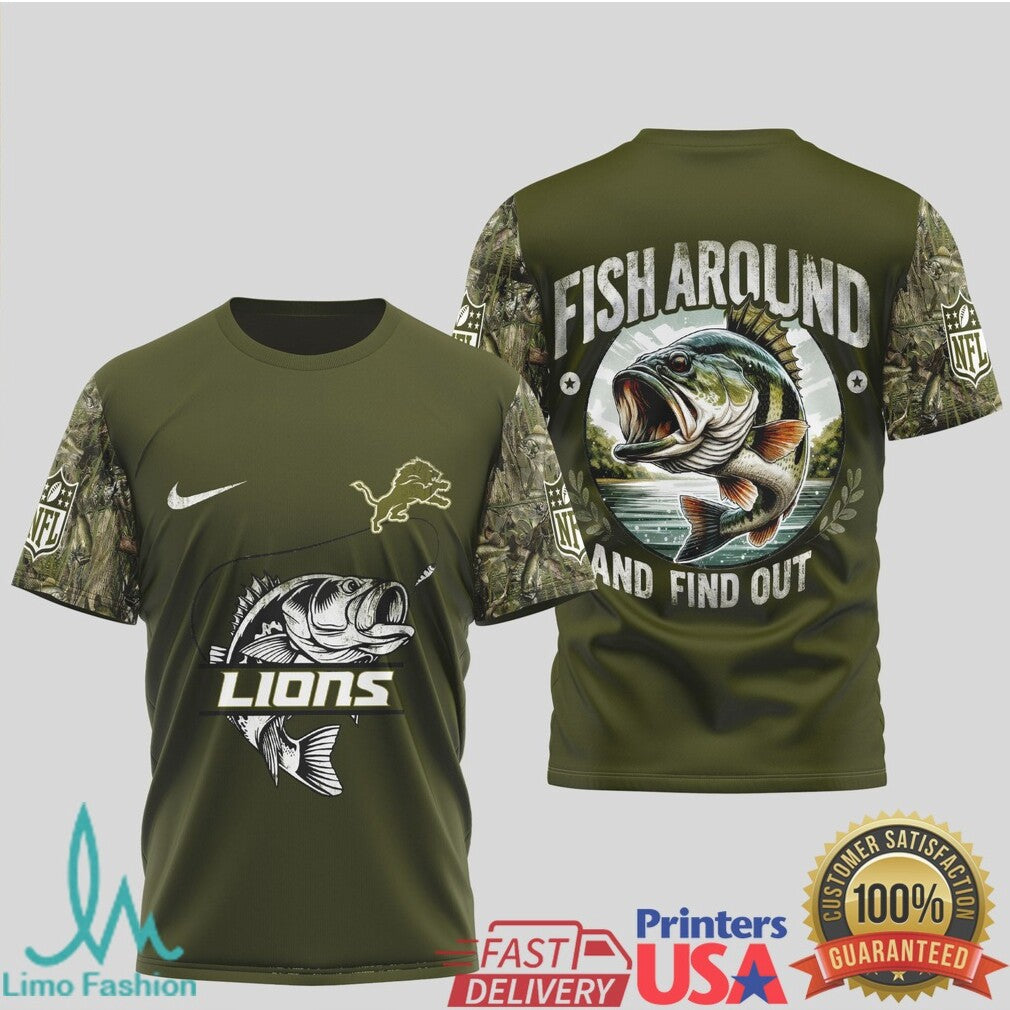 Detroit Lions Fishing T Shirt Fish Around and Find Out Bass Graphic T Shirt