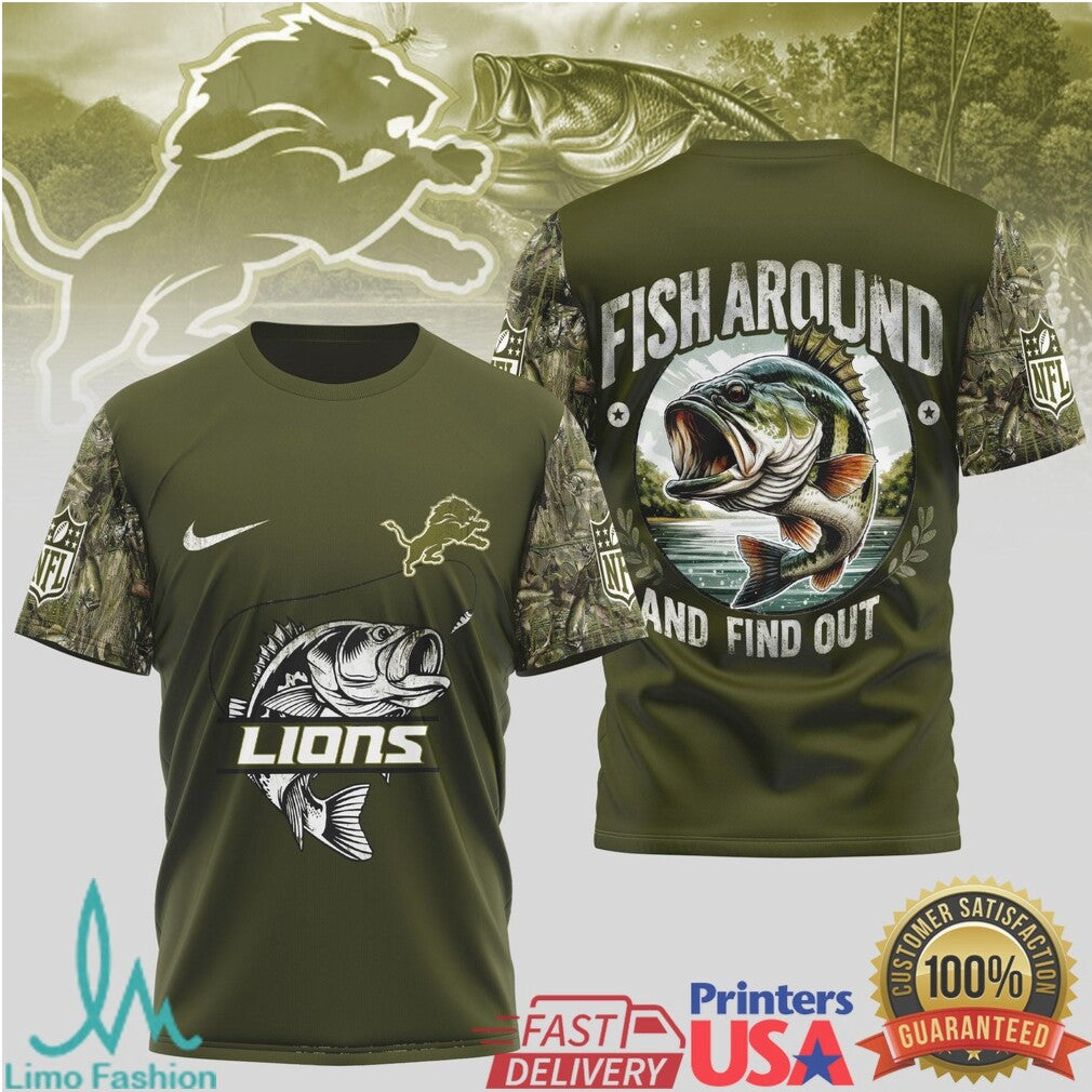 Detroit Lions Fishing T Shirt Fish Around and Find Out Bass Graphic T Shirt