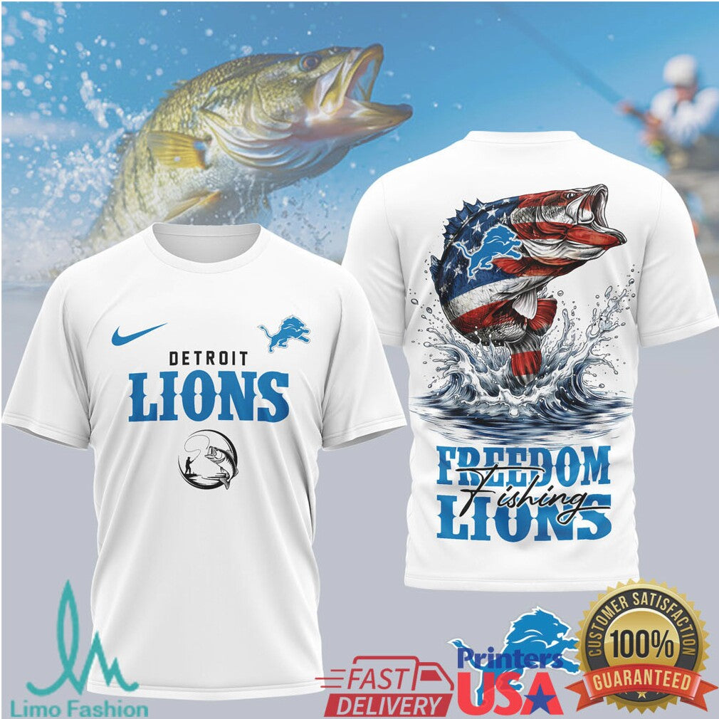 Detroit Lions Freedom Fishing Bass American Flag T Shirt - Limotees LLC