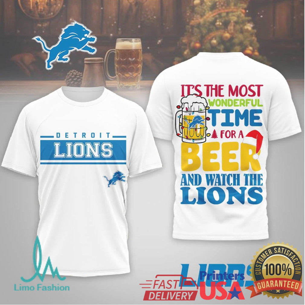 Detroit Lions Funny Christmas Beer & Football Graphic T Shirt - Limotees LLC