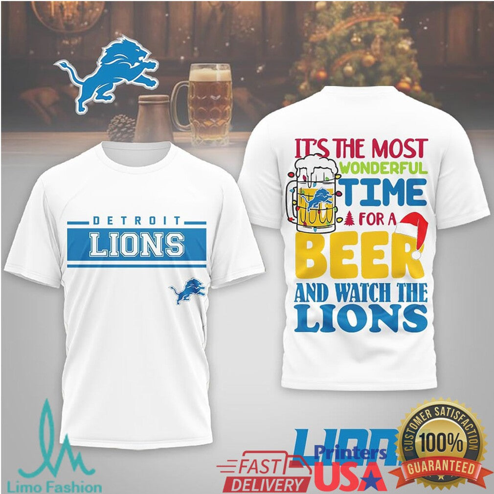 Detroit Lions Funny Christmas Beer & Football Graphic T Shirt - Limotees LLC