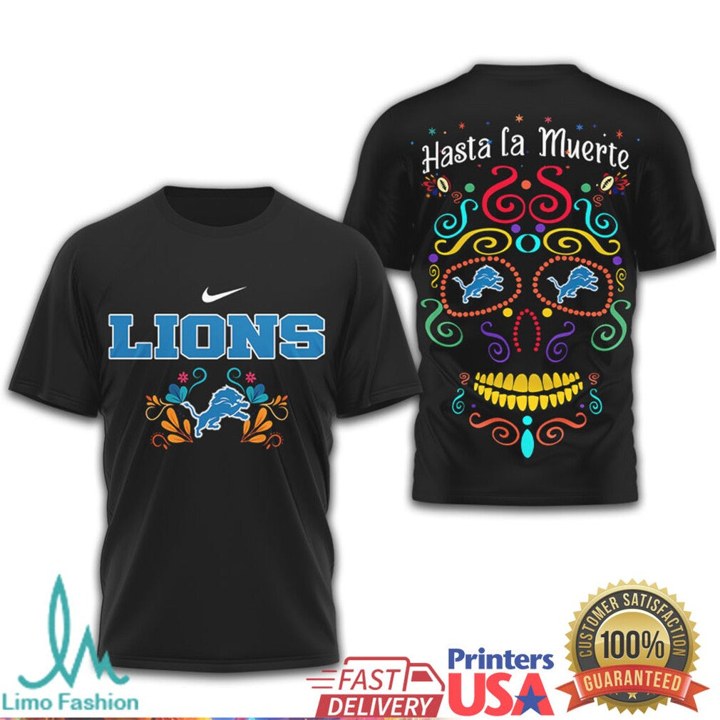 Detroit Lions Hasta La Muerte Sugar Skull Day of the Dead T Shirt - Limotees LLC