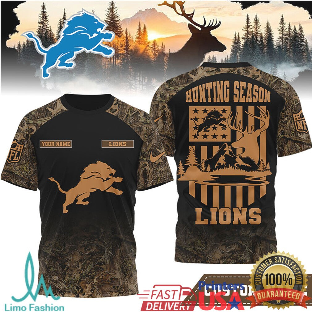 Detroit Lions Hunting Season Custom Name Camo Outdoor Graphic T Shirt - Limotees LLC