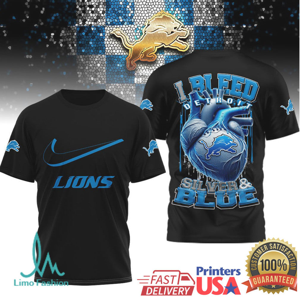 Detroit Lions “I Bleed Silver & Blue” Heart Fan T Shirt - Limotees LLC
