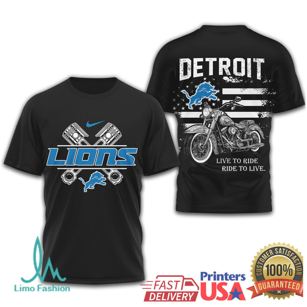 Detroit Lions “Live To Ride” Custom Chopper Biker T Shirt - Limotees LLC
