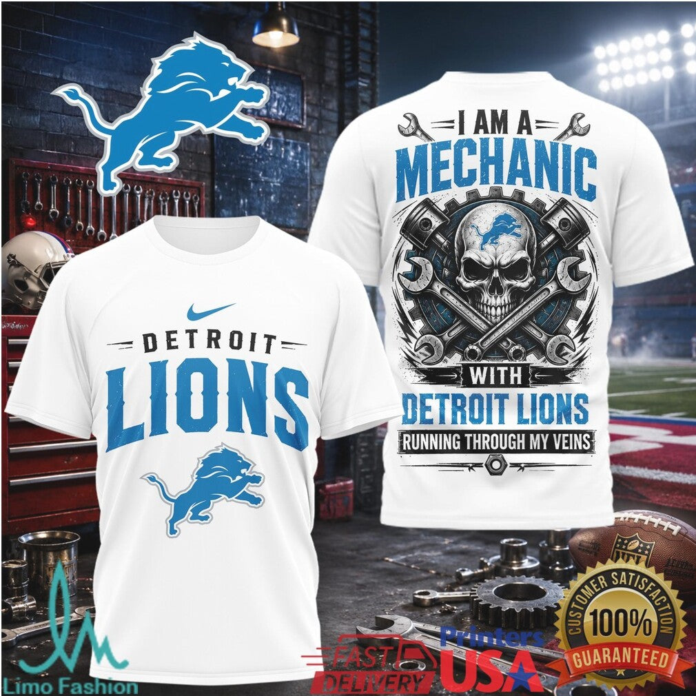 Detroit Lions Mechanic Skull Running Through My Veins T Shirt - Limotees LLC