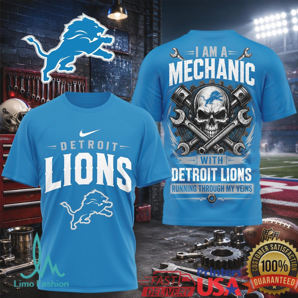 Detroit Lions Mechanic Skull Running Through My Veins T Shirt - Limotees LLC