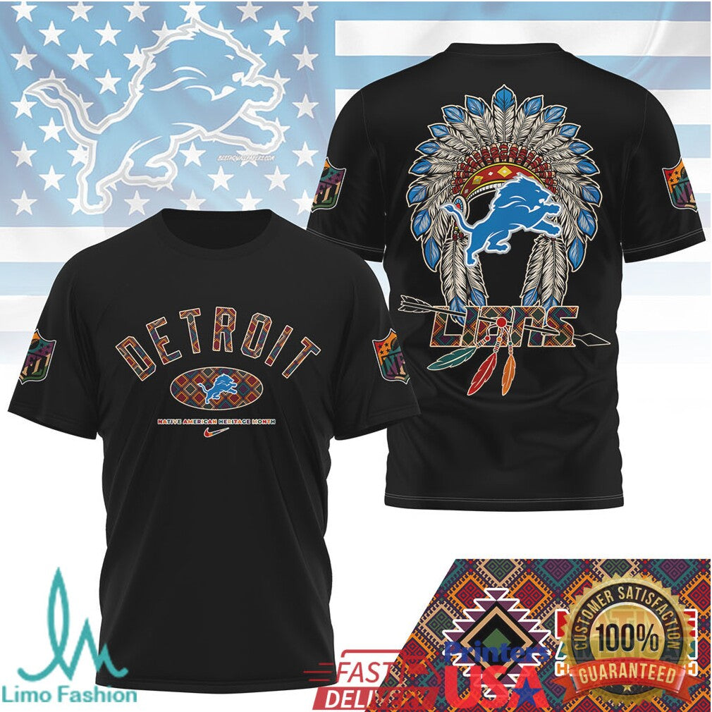Detroit Lions Native American Heritage Month Blue Headdress T Shirt - Limotees LLC