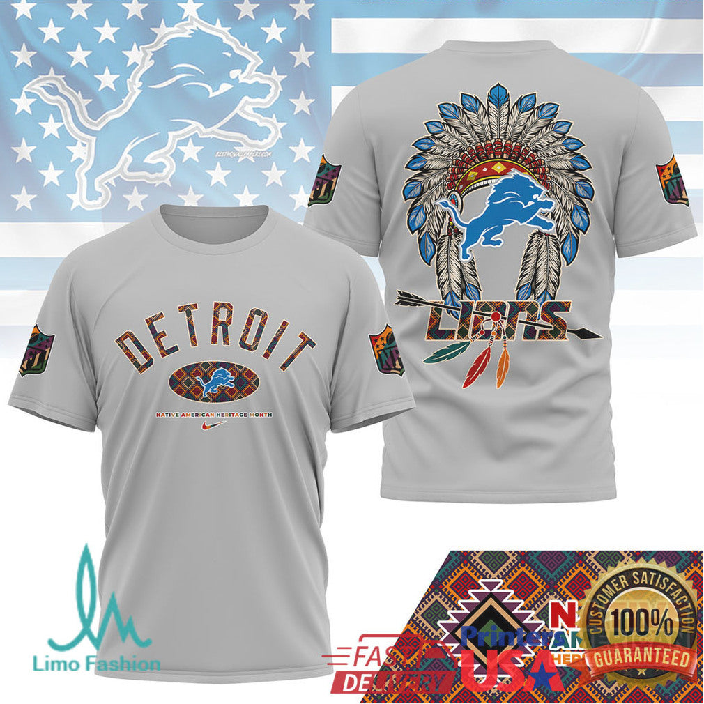 Detroit Lions Native American Heritage Month Blue Headdress T Shirt - Limotees LLC