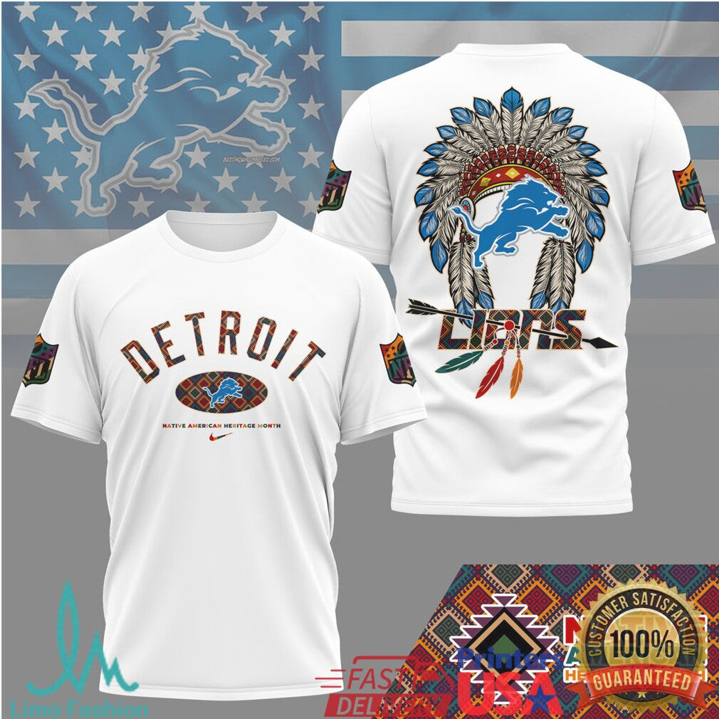 Detroit Lions Native American Heritage Month Blue Headdress T Shirt - Limotees LLC