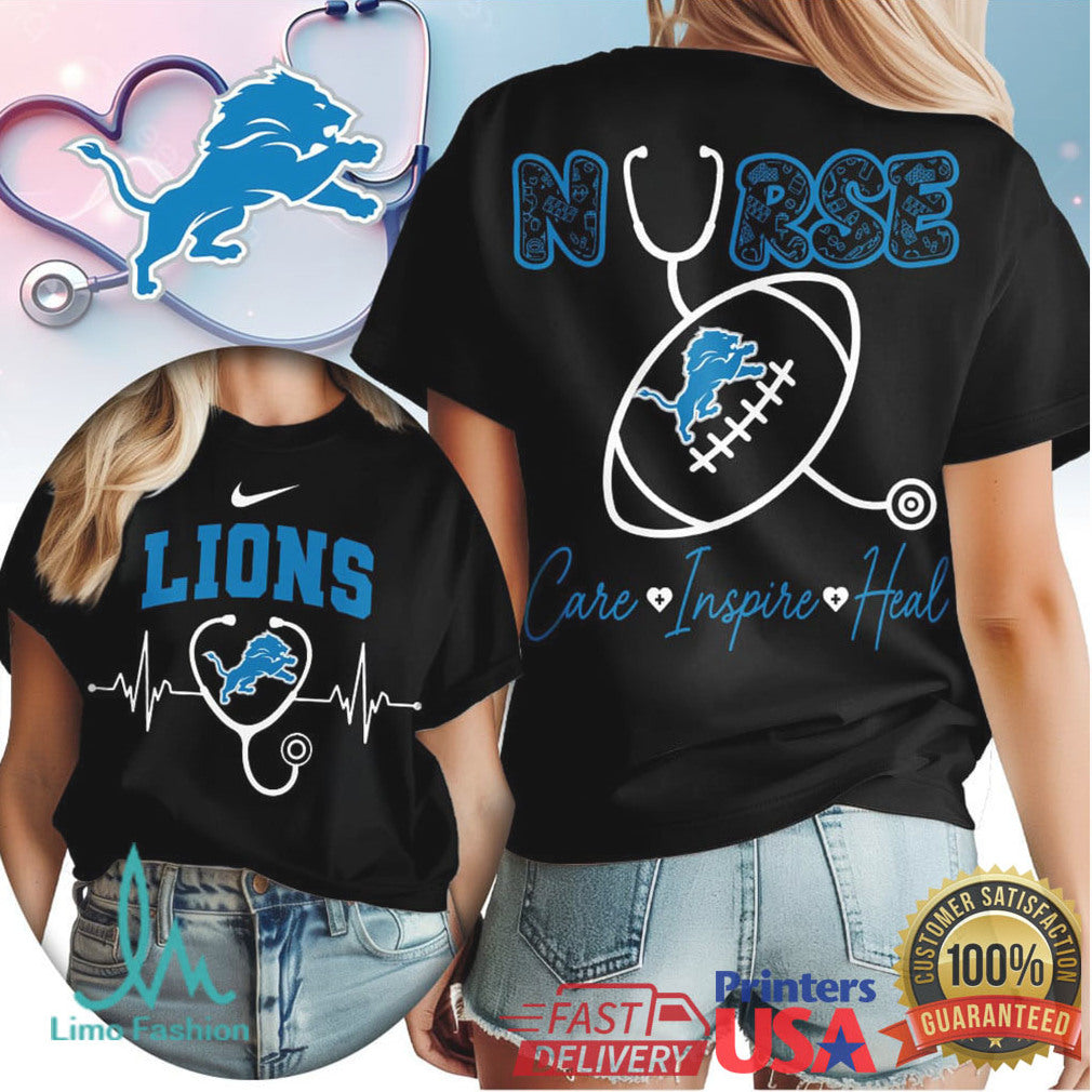 Detroit Lions Nurse Care Inspire Heal Stethoscope Heartbeat Retro Women's 2026 T Shirt - Limotees LLC