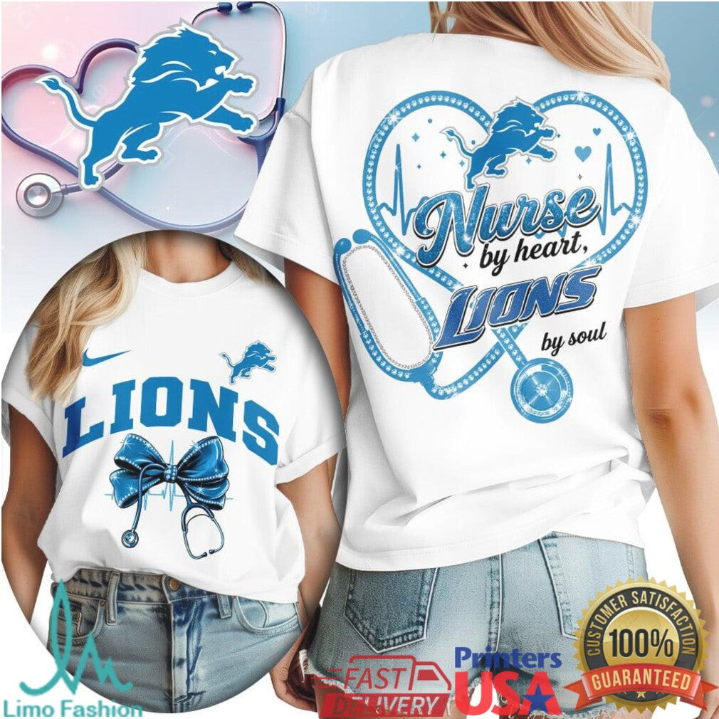 Detroit Lions Nurse by Heart T Shirt Stethoscope Heart Graphic T Shirt for Nurses - Limotees LLC