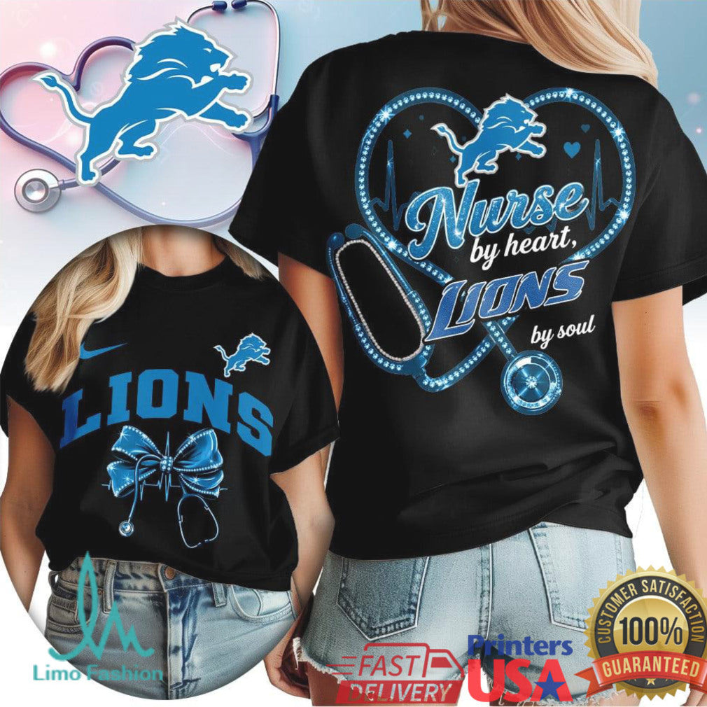 Detroit Lions Nurse by Heart T Shirt Stethoscope Heart Graphic T Shirt for Nurses - Limotees LLC