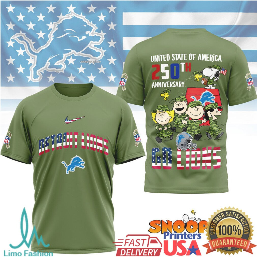 Detroit Lions Snoopy Peanuts 250th Anniversary Olive Veteran Pride T Shirt - Limotees LLC