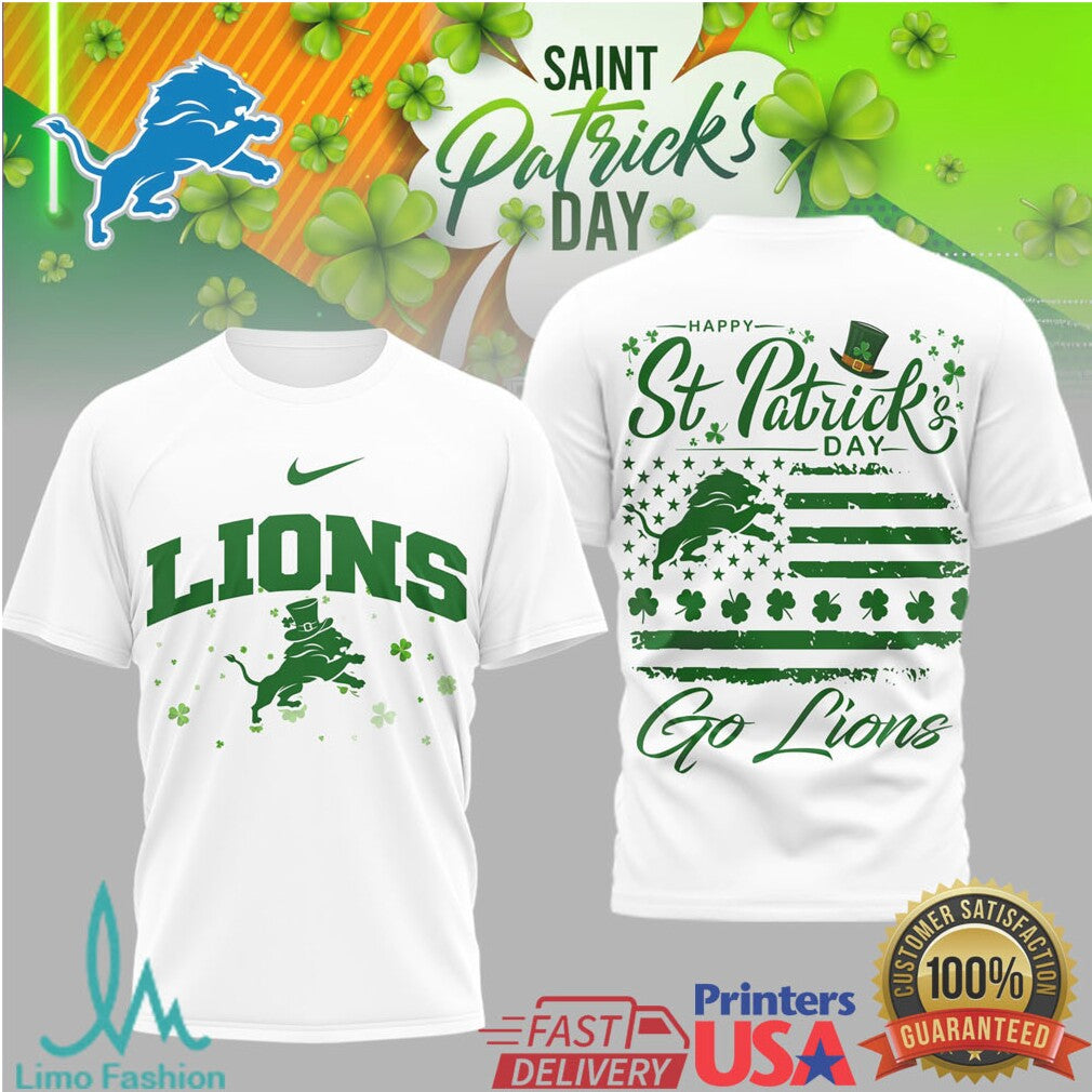 Detroit Lions St. Patrick'S Day Tee Lucky Lion Green Flag Design - Limotees LLC