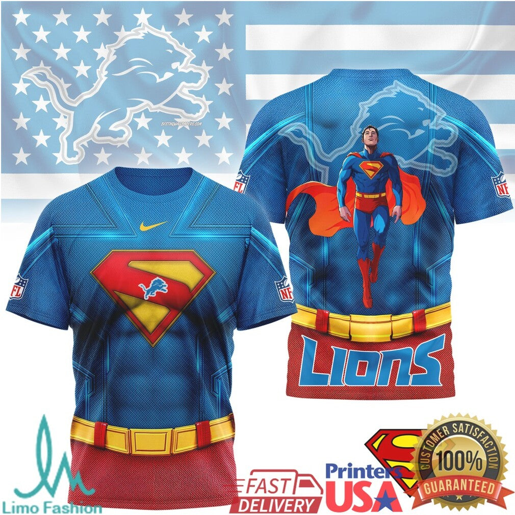Detroit Lions Superman Hero Series 3D Graphic T Shirt NFL Fan Apparel - Limotees LLC