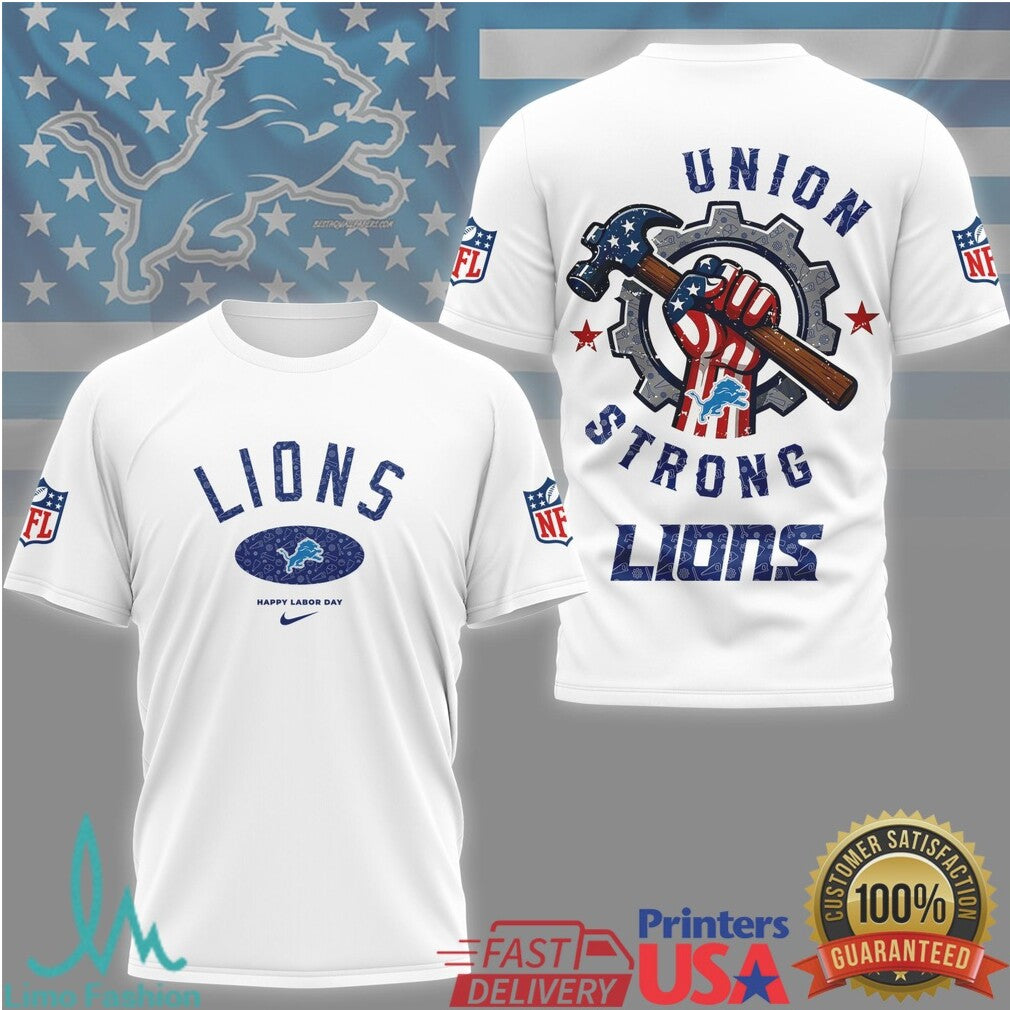 Detroit Lions Union Strong NFL Labor Day T Shirt Blue Collar Pride Industrial Workwear - Limotees LLC