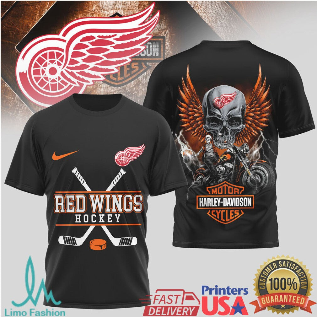 Detroit Red Wings Hockey x Harley Davidson Skull Wing Biker T Shirt