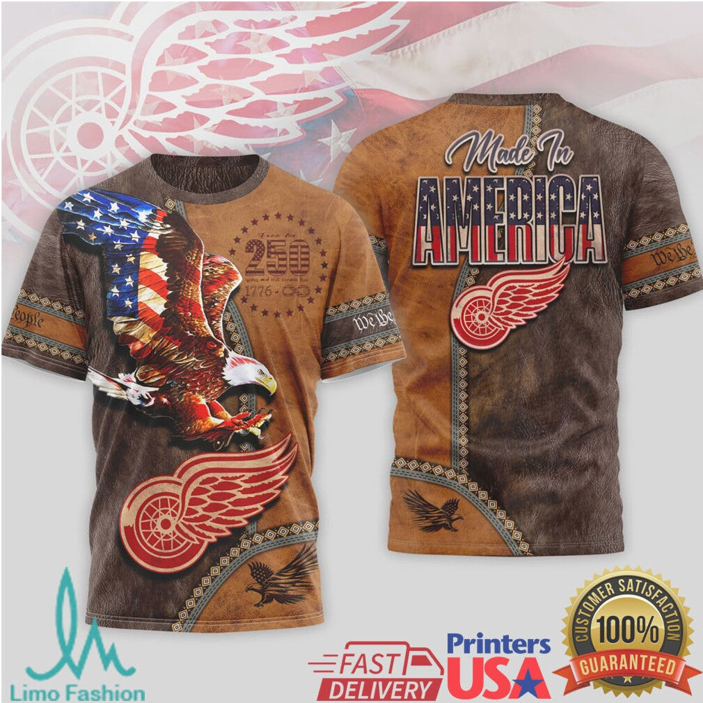 Detroit Red Wings Made In America Patriotic Eagle Leather Style 3D T Shirt