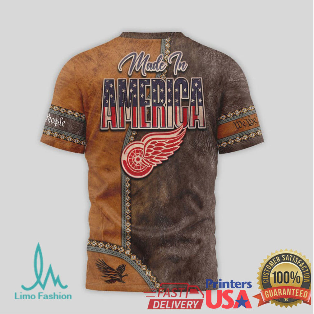 Detroit Red Wings Made In America Patriotic Eagle Leather Style 3D T Shirt