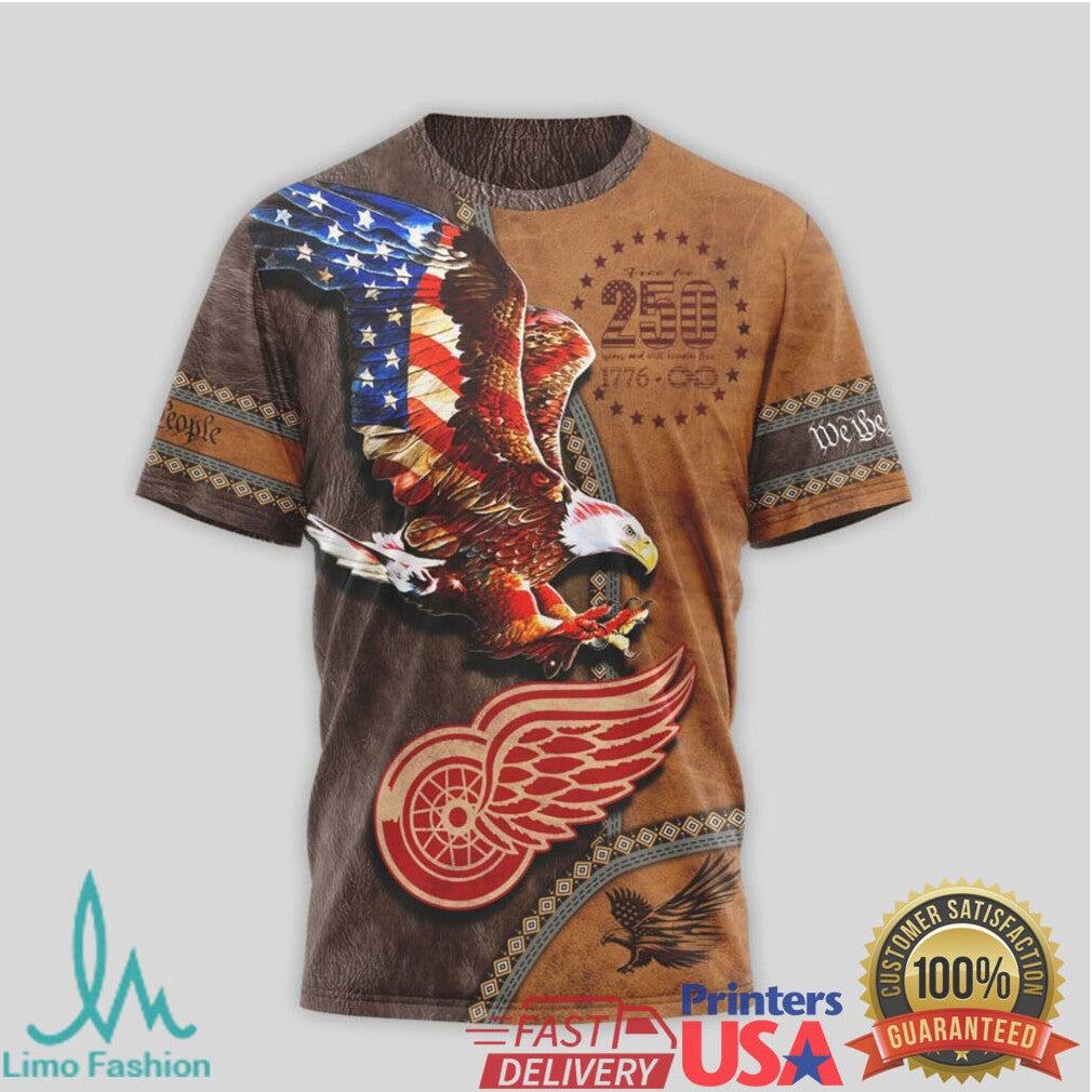 Detroit Red Wings Made In America Patriotic Eagle Leather Style 3D T Shirt