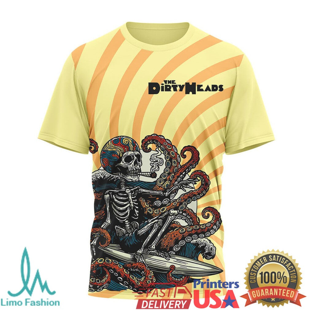 Dirty Heads Seven Seas Skeleton Surfing Octopus Psychedelic Yellow Tshirt - Limotees LLC