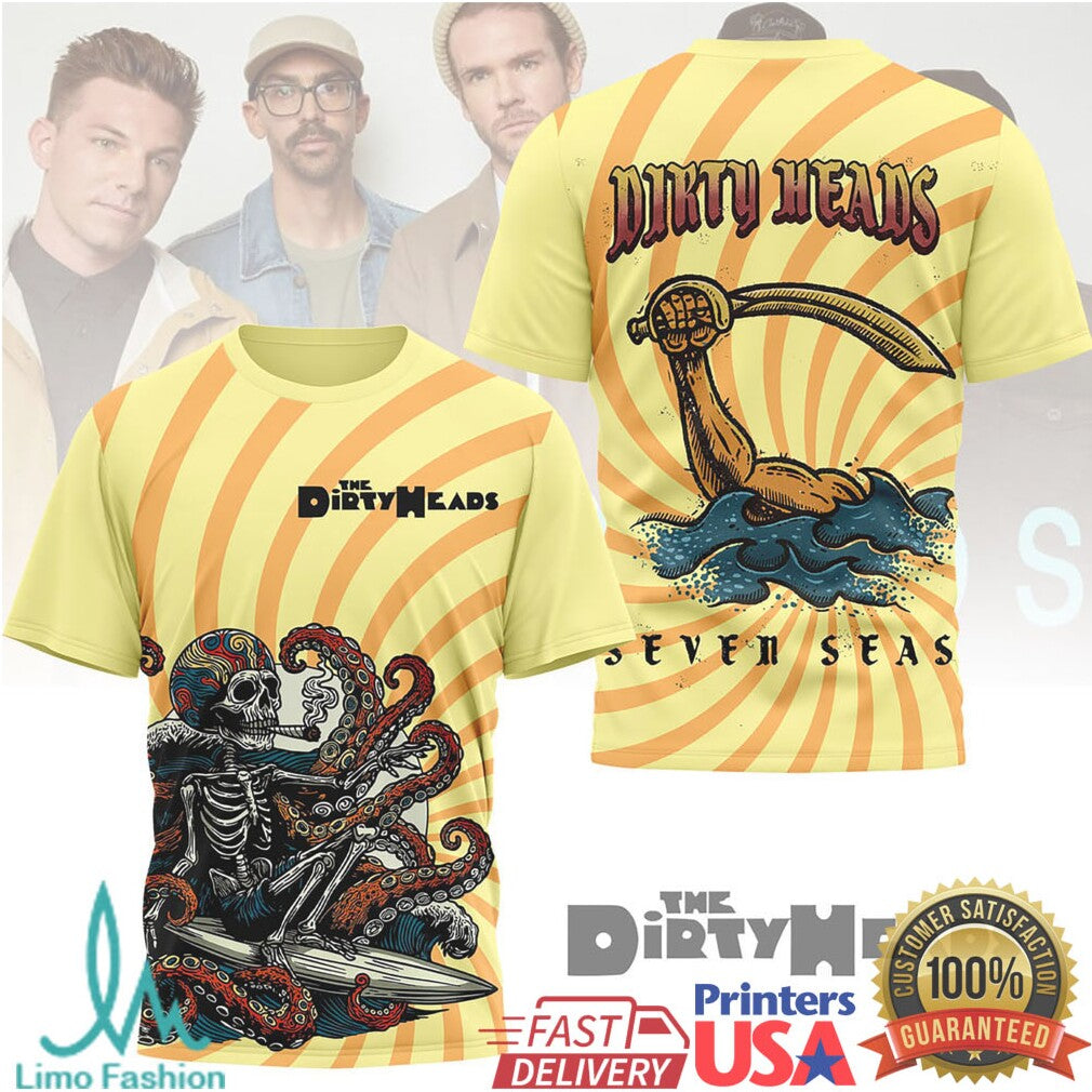 Dirty Heads Seven Seas Skeleton Surfing Octopus Psychedelic Yellow Tshirt - Limotees LLC