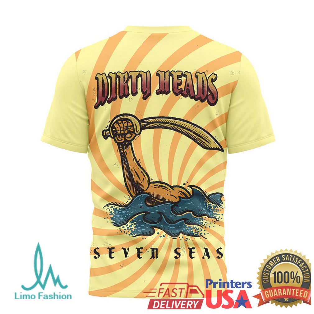 Dirty Heads Seven Seas Skeleton Surfing Octopus Psychedelic Yellow Tshirt - Limotees LLC