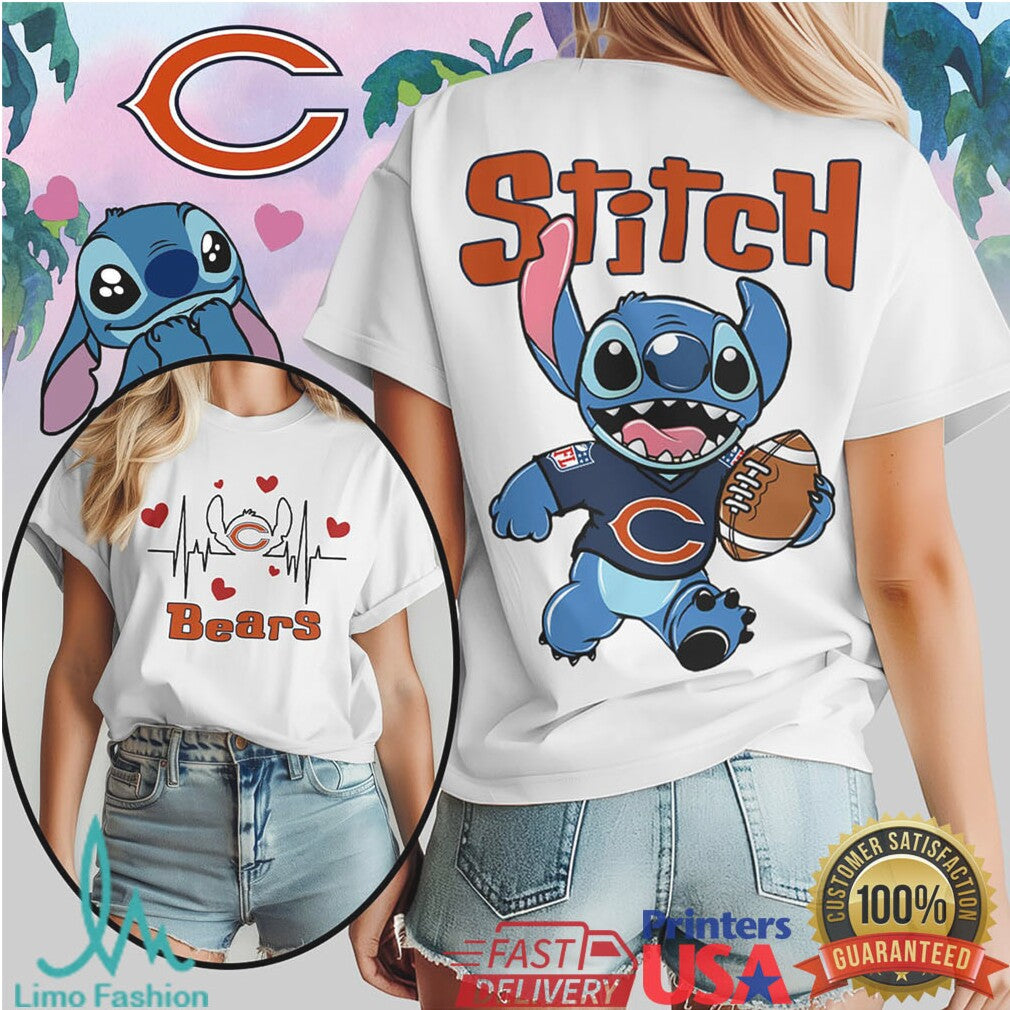 Disney Stitch Chicago Bears Football Heartbeat Fan T Shirt - Limotees LLC