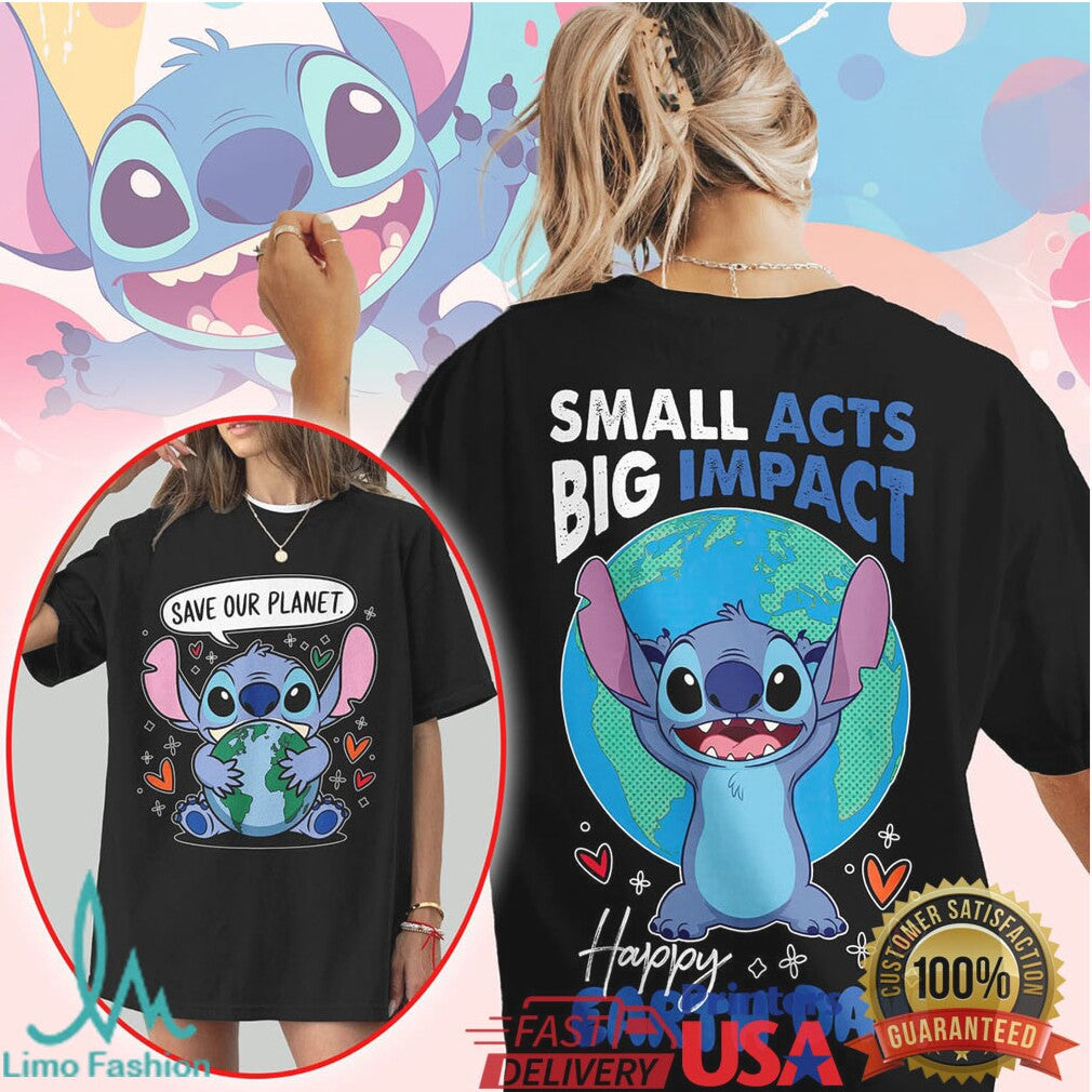 Disney Stitch Happy Earth Day Small Acts Big Impact Planet Graphic T Shirt - Limotees LLC