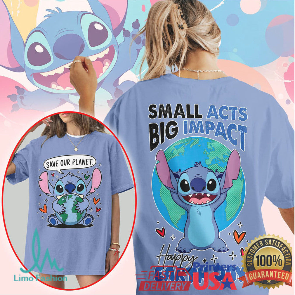 Disney Stitch Happy Earth Day Small Acts Big Impact Planet Graphic T Shirt - Limotees LLC