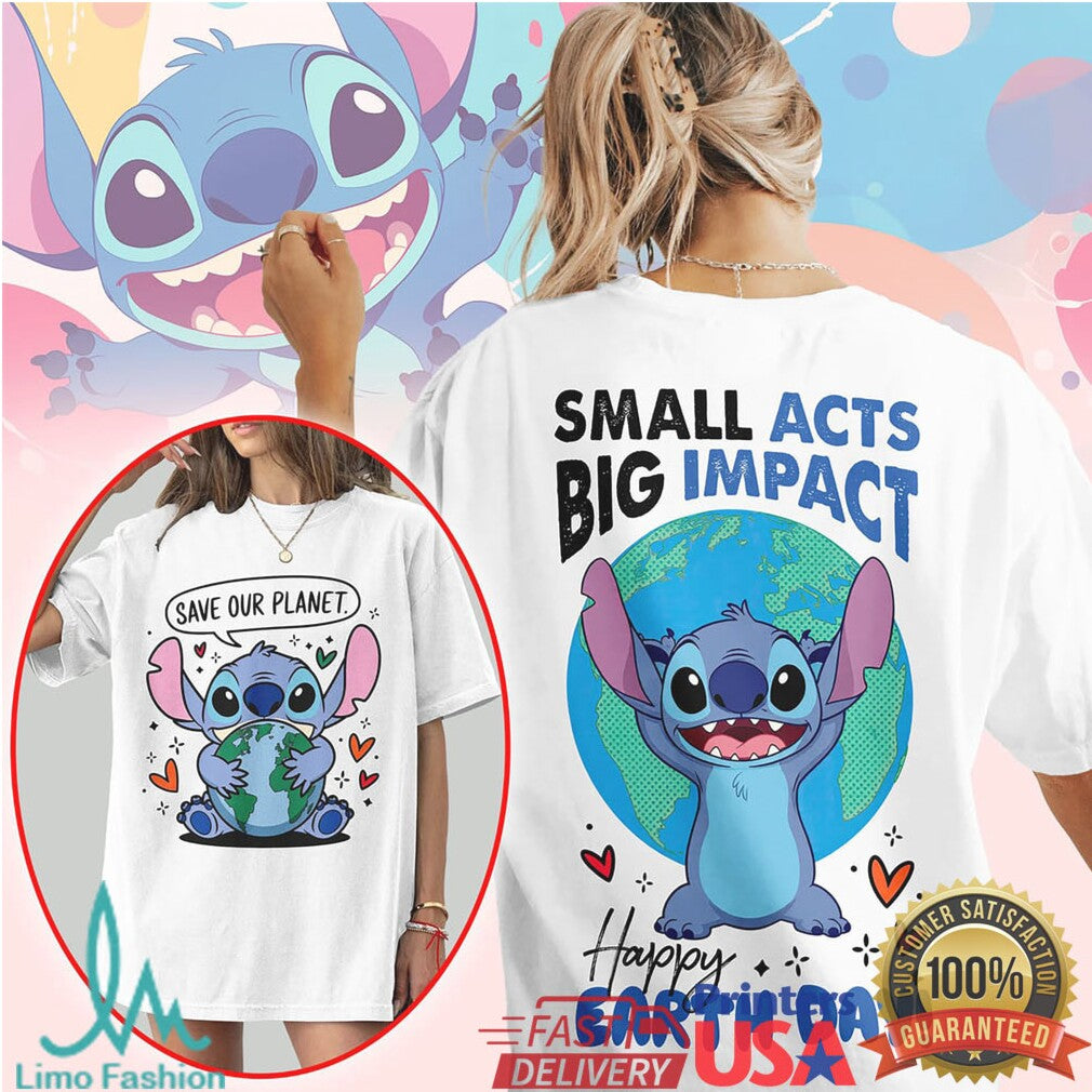 Disney Stitch Happy Earth Day Small Acts Big Impact Planet Graphic T Shirt - Limotees LLC