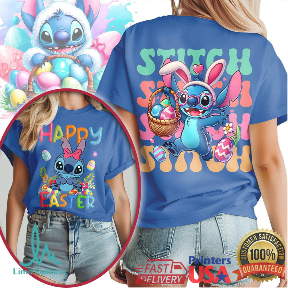 Disney Stitch Happy Easter Bunny Ears Basket Graphic T Shirt - Limotees LLC