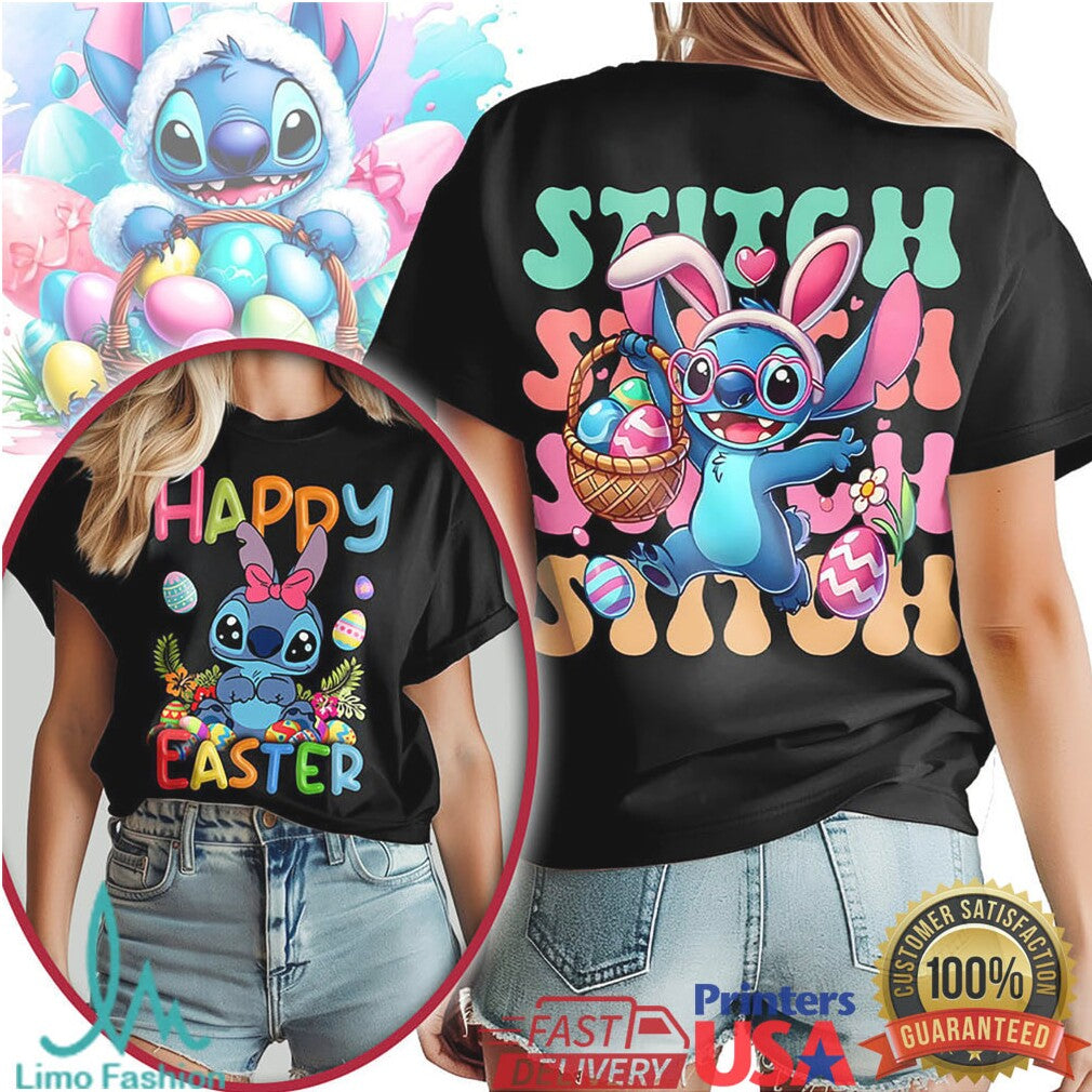 Disney Stitch Happy Easter Bunny Ears Basket Graphic T Shirt - Limotees LLC