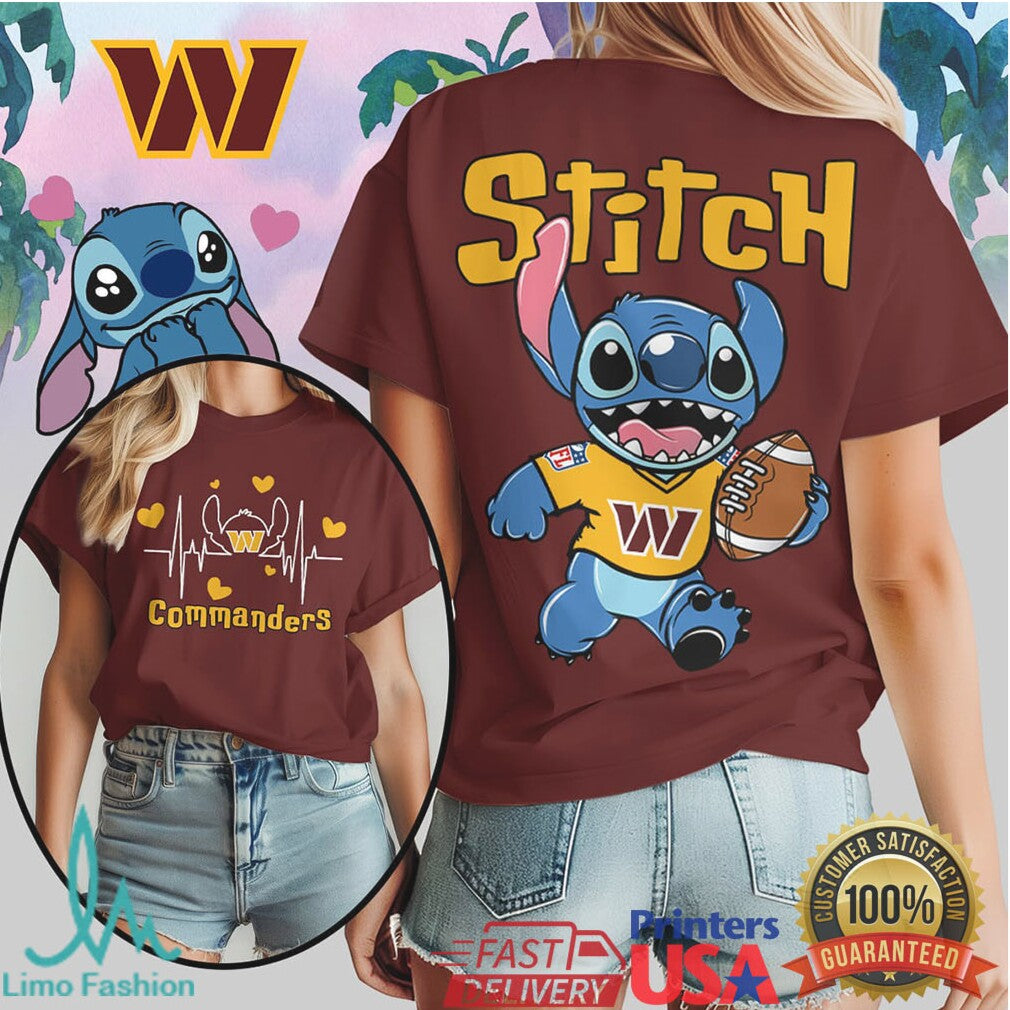 Disney Stitch Washington Commanders Football Heartbeat Fan T Shirt - Limotees LLC