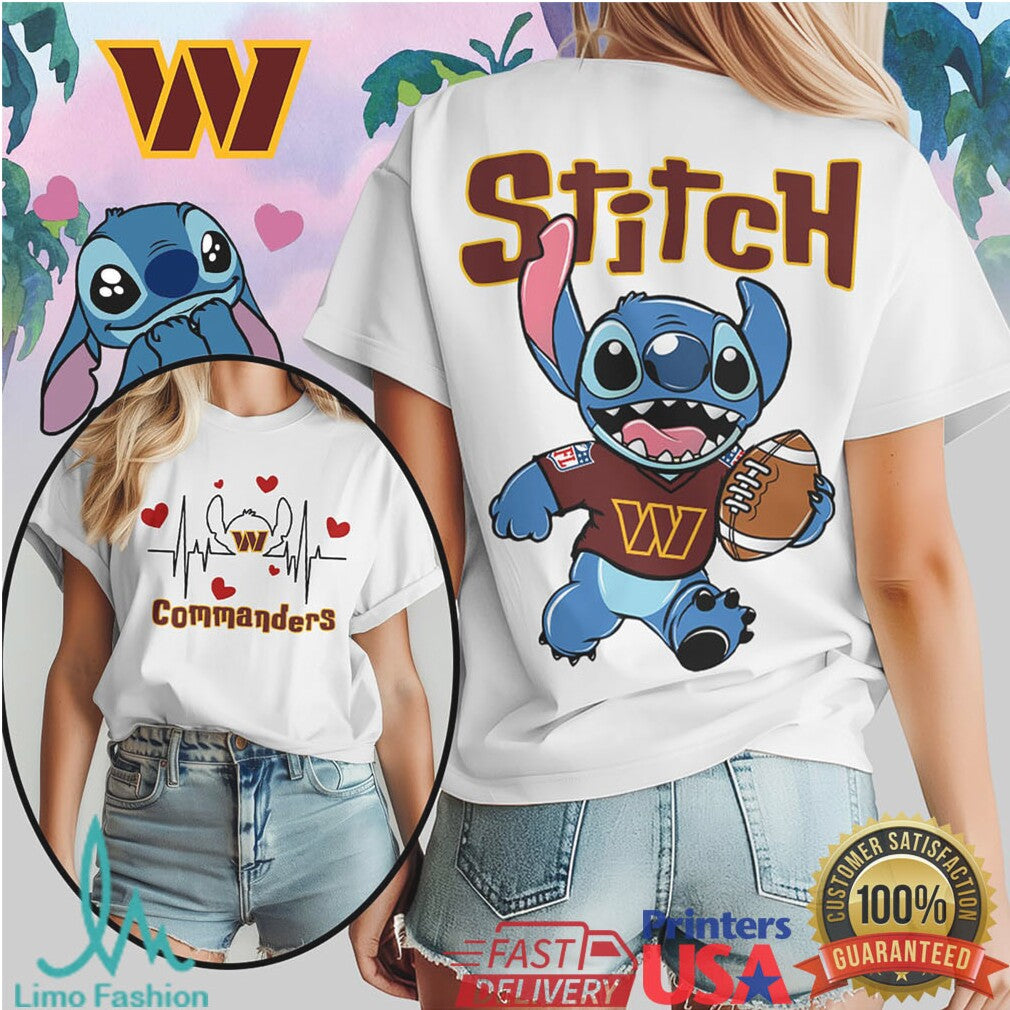 Disney Stitch Washington Commanders Football Heartbeat Fan T Shirt - Limotees LLC
