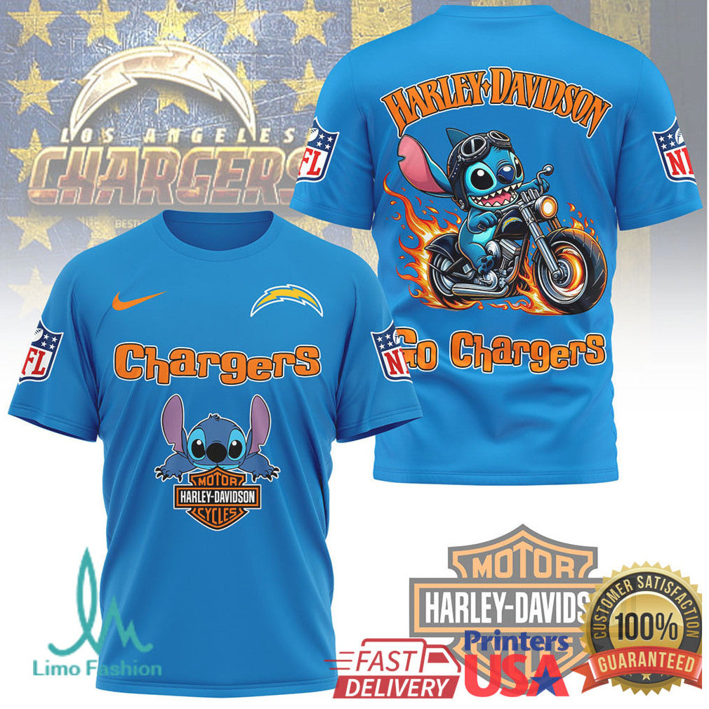 Los Angeles Chargers Official NFL Stitch Harley Davidson 3D Shirt - Limotees LLC